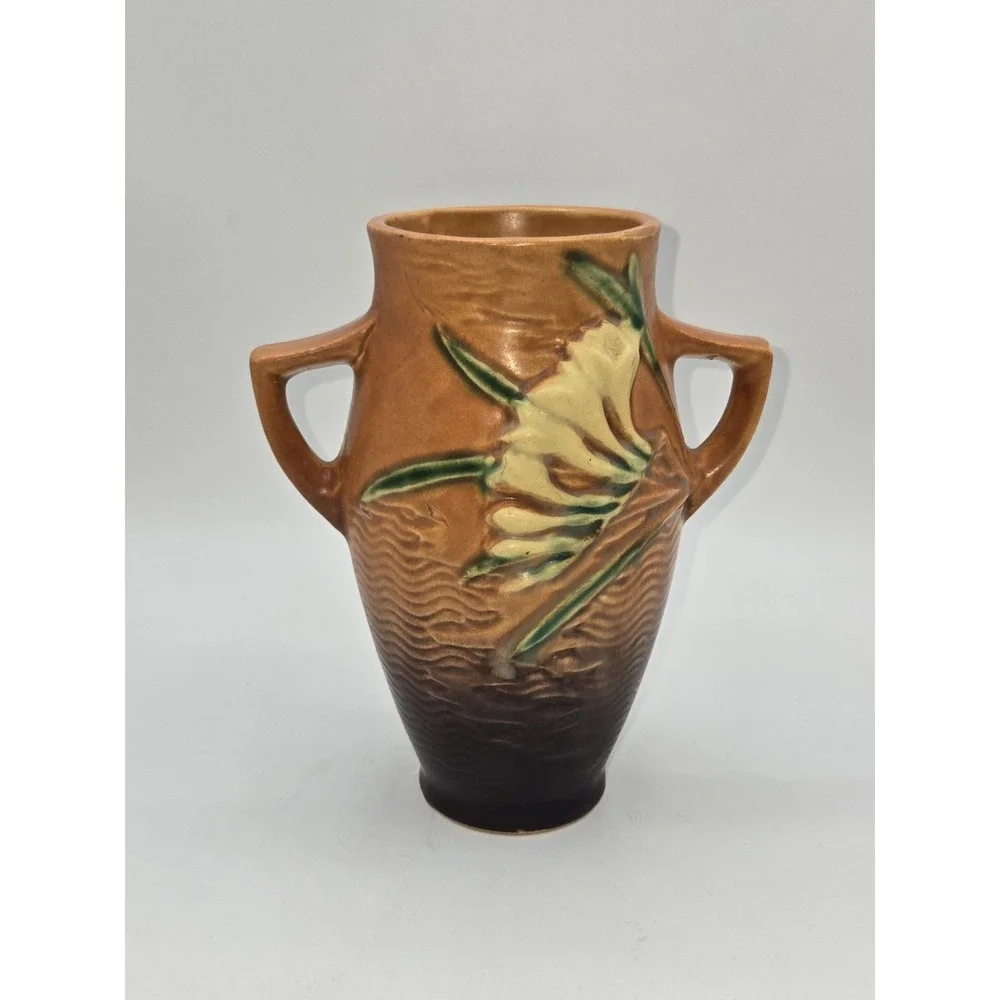 Roseville Freesia Vase 117-6 Double‎ Handle Brown Art Pottery 1940s